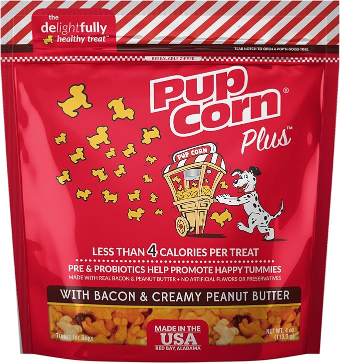 Pup Corn Plus - Puffed Dog Treats with Prebiotics and Probiotics - Bacon & Peanut Butter (4oz) - Made in USA