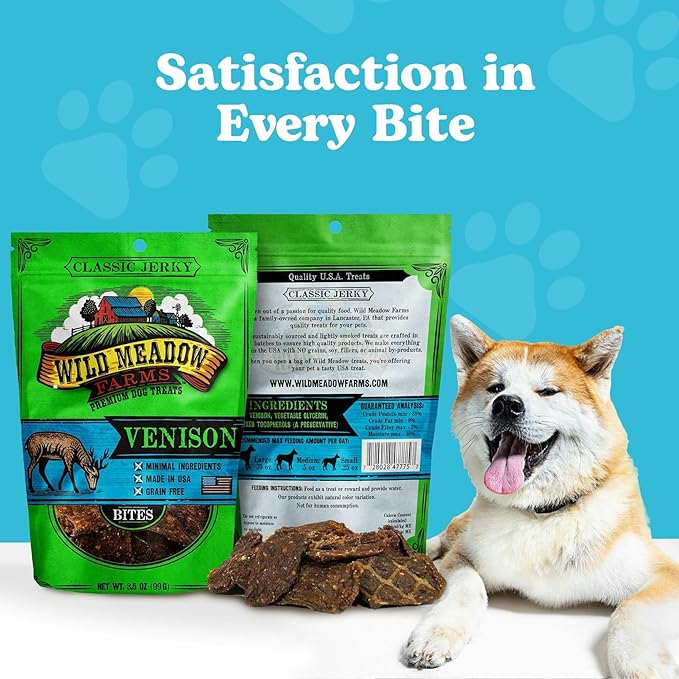 Wild Meadow Farms - Classic Venison Bites, Soft Jerky Treats for Dogs, Grain-Free & All-Natural, Ideal for Training, Portioning, and High-Value Rewards for All Breeds & Ages - 3.5 Ounce Pouch
