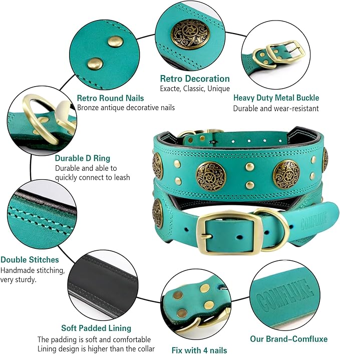 Leather Dog Collar for Medium Dogs, 2" Wide Durable Thick Strong Genuine Leather Spike Dog Collar with Metal Buckle, Padded Collar with Studded Design for Girl Boy Dogs (Teal,M)