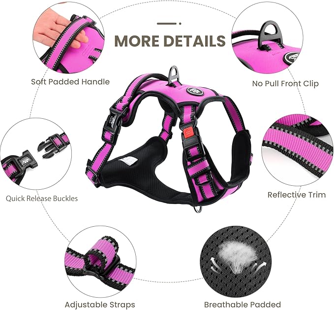 FURRYFECTION Dog Harness | No Pull Dog Harness | Reflective Oxford | Padded Handle | 4 Adjustable Straps | 2 Leash Clips | No Choke Pet Vest Harness for Small Medium Large Dogs | Rose | S