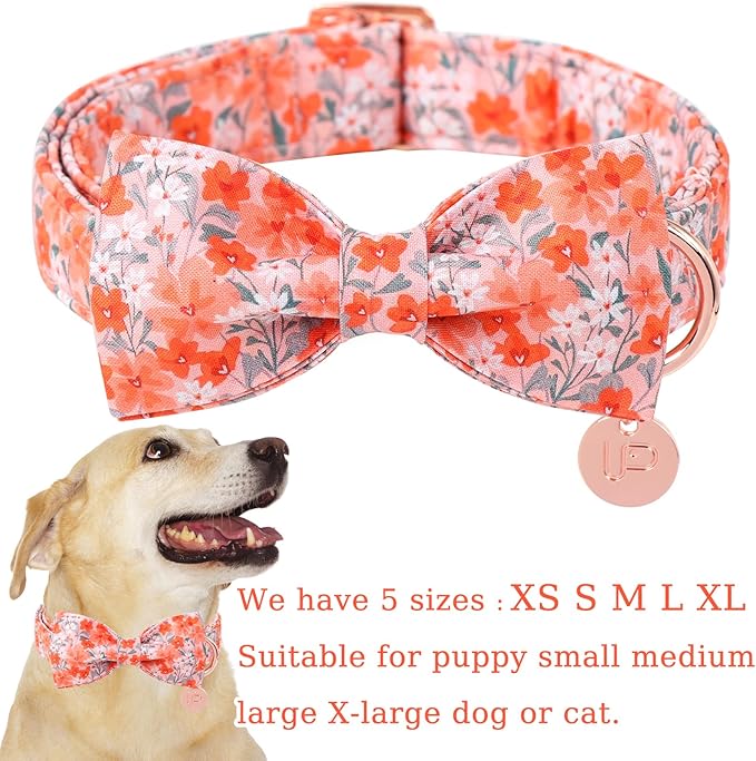 Dog Collar with Bow Tie,Orange Flower Bow Dog Collar with Adjustable Buckle,Cotton Puppy Collar for Small,Medium,Large Dogs