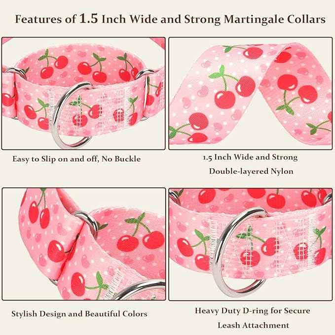 Martingale Dog Collar 1.5 Inch Wide - Pink Cherry Blossom Adjustable Nylon No-Pull Training Collar for Large Dogs, Secure Design for Walking, Hunting & Outdoor Use (XL)