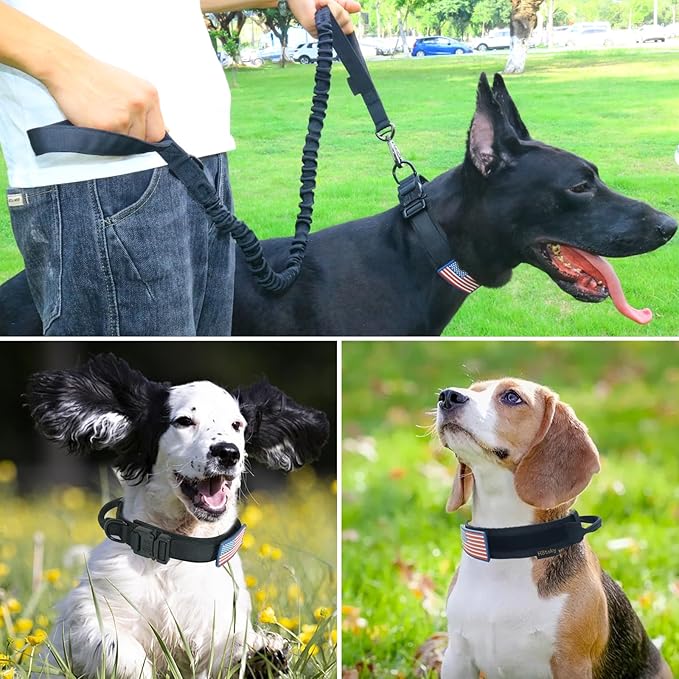Hotsky Tactical Dog Collar and Leash Set, Heavy Duty Military Airtag Dog Collar with Handle and Metal Buckle for Training and Walking, with Airtag Holder and Two Patches (Black, L)