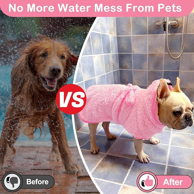Bienbee Soft Dog Bathrobe,Super Absorbent & Quick-Drying Dog Robe with Hood, Cozy Drying Coat for After Bath, Pink M
