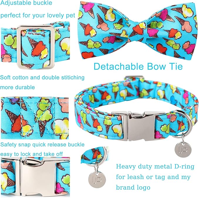 Summer Dog Collar with Bow Tie, Cotton Cute Bowtie Dog Collar, Summer Bowtie Collar for Medium Boy Girl Dog, Comfortable Blue Dog Collar with Metal Buckle, M