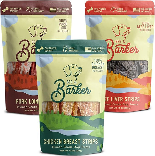 Beg & Barker Chicken, Beef Liver and Pork Jerky for Dogs (10 oz, Pack of 3) - Dog Training Treats - Natural Dog Treats Made in The USA - Grain Free, Diabetic-Friendly, High Protein, Sugar-Free