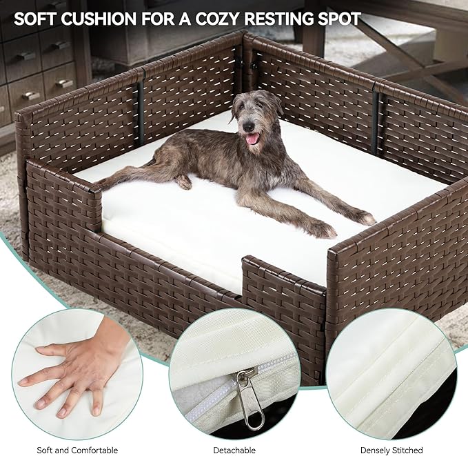YITAHOME Rattan Dog Sofa Bed with Cushion,Wicker Pet Bed Sofa Couch Indoor Outdoor Water Resistant for Large Medium Small Dogs Cats (34.6''L*23.6''W*11.8''H,Beige)