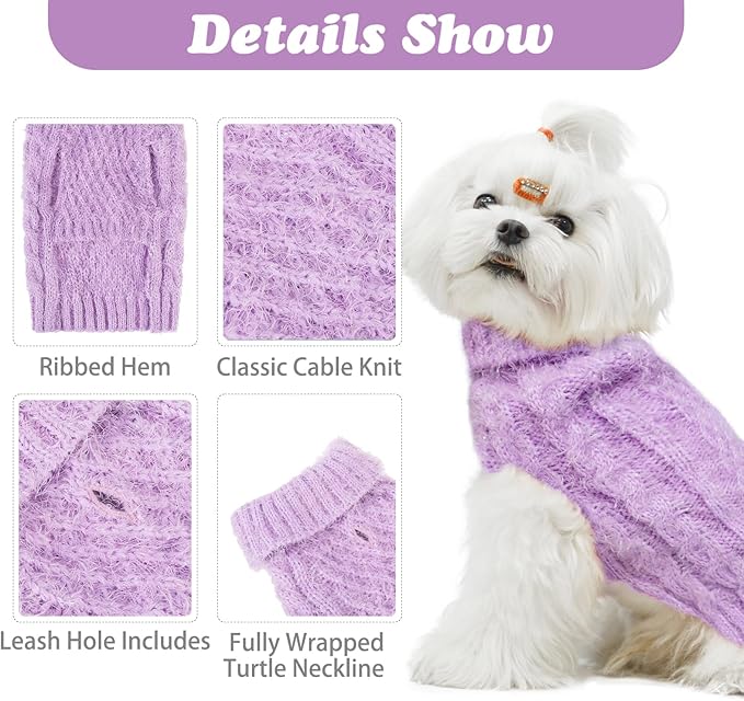 Turtleneck Small Dog Sweaters - Classic Cable Knitwear Winter Coat for Small Medium Dogs Male Female Puppy Dog Cold Weather Clothes Girls Boys, Purple, M