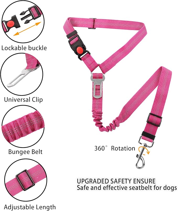 YAOHDAO Dog Seat Belt Harness for Car, Restraint Adjustable with Elastic Bungee Buffer Headrest for Vehicle, 360° Swivel Carabiner Nylon Pet Safety Seat Belts Heavy Duty Car Harness for Dogs Rosy Red