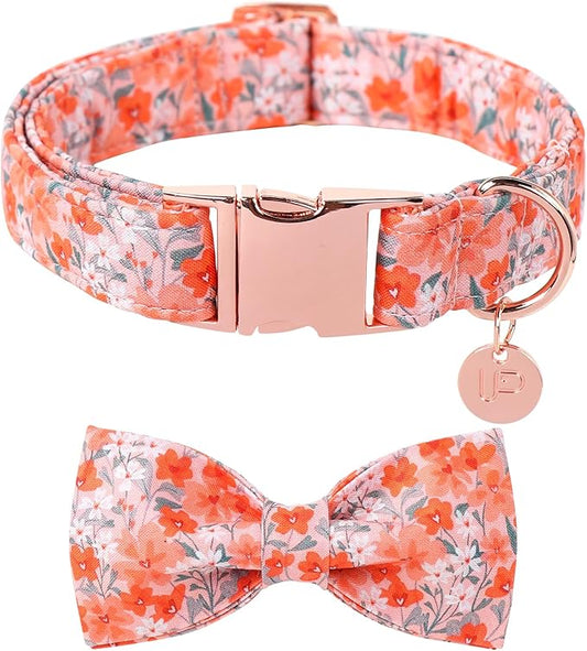 Dog Collar with Bow Tie,Orange Flower Bow Dog Collar with Adjustable Buckle,Cotton Puppy Collar for Small,Medium,Large Dogs