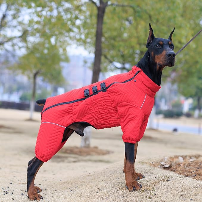 Warm Dog Coat Double Layers Dog Vest, 4 Legs Covered Windproof Waterproof Reflective Warm Dog Vest Outdoor Skating Dog Costume for Small Medium Large Dogs Red 5XL