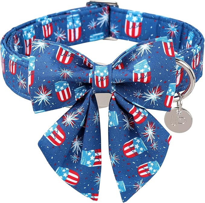 Patriotic Dog Collar with Bow Tie, 4th of July Bowtie Dog Collar, American Flag Collar for Puppy Boy Girl Dog or Cat, Comfortable Summer Bowtie Collar with Metal Buckle, XS