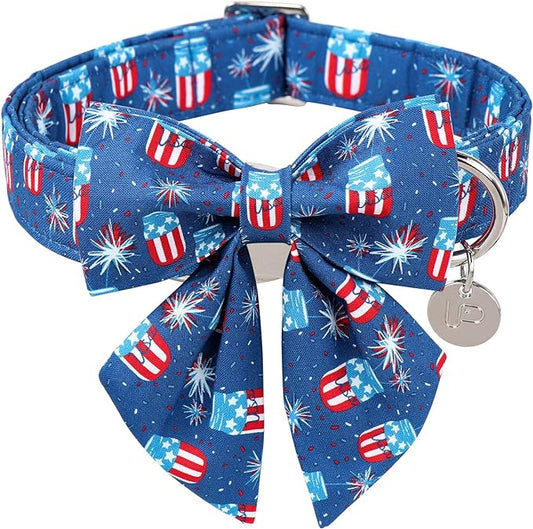 Patriotic Dog Collar with Bow Tie, 4th of July Bowtie, American Flag for Medium Dogs, Comfortable Summer Collar with Metal Buckle, M, Neck 13.5-22in