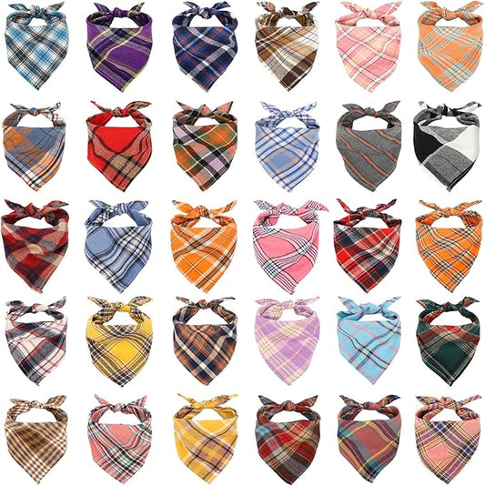 Segarty 30 Pack Dog Bandanas, 22.8"x15.7" Triangle Plaid Bibs Pet Scarf Accessories Bulk for Medium Small Dogs Cats Large Puppy Dogs, Adjustable Washable Reversible Boy Pets Birthday Kerchief