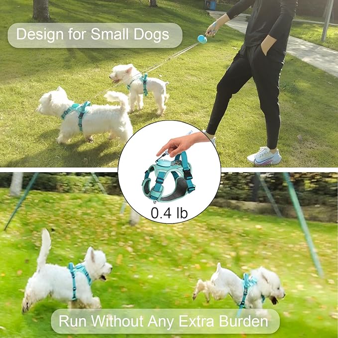 Dog Harness for Small Dogs up to 16lbs, 3-in-1 No Pull Lightweight Harness with 6.6ft Retractable,Wearable Leash Set,Front Clip,Handle,Reflective Dog Vest with Patch,Wrist Strap,Free Hand Leash-Blue