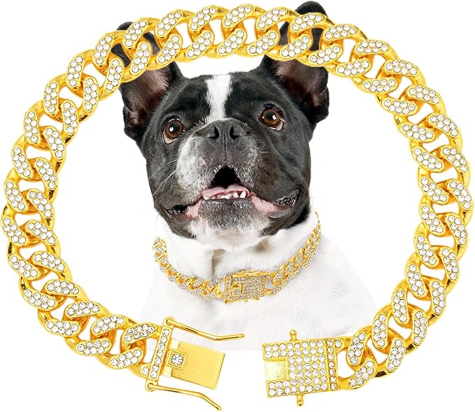 Gold Dog Chain Diamond Gold Chain Dog Collar Walking Metal Chain Collar with Design Secure Buckle Pet Collar Jewelry Accessories Dog Necklace for Small Medium Large Dogs Cats (Gold,24 Inch)