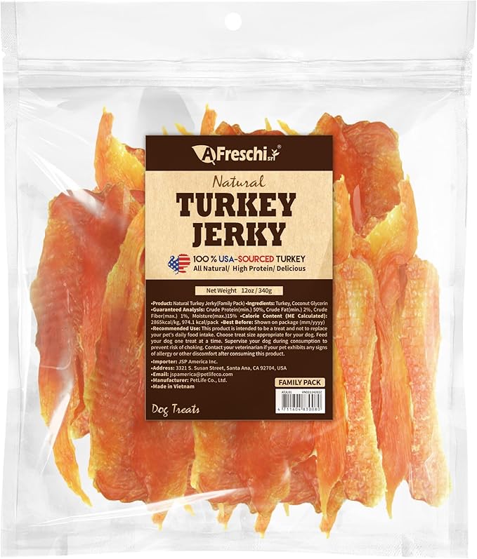Afreschi Turkey Jerky Dog Treats –12 oz, USA-Sourced, All-Natural, Hypoallergenic, High-Protein, Low-Fat, Healthy & Easily Digestible, Puppy & Training Snack