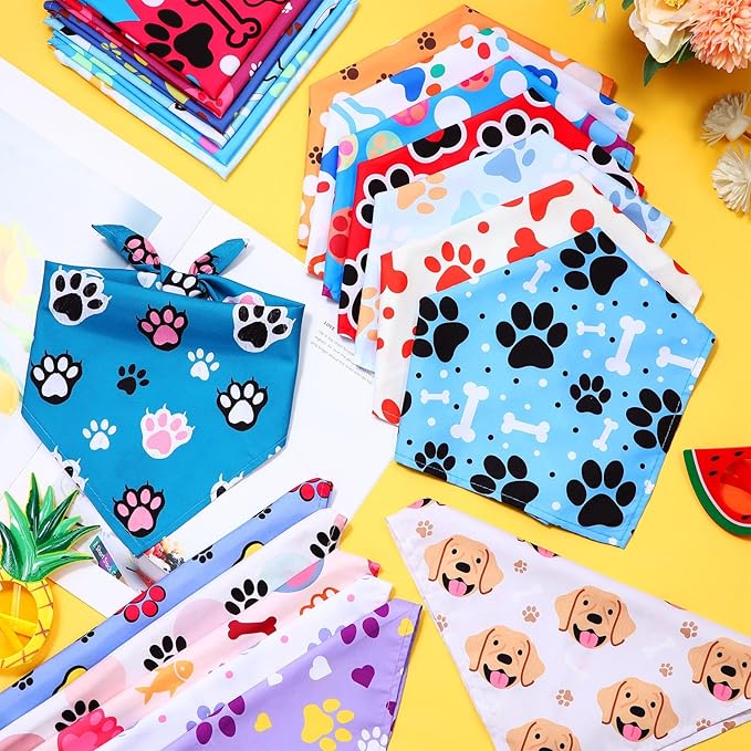 Reginary 120 Packs Dog Bandanas Bulk Dog Scarf Adjustable Holiday Pet Scarf Washable Scarves Triangle Drool Bibs for Cat Pet Costume Supply(Dog Paw Print)