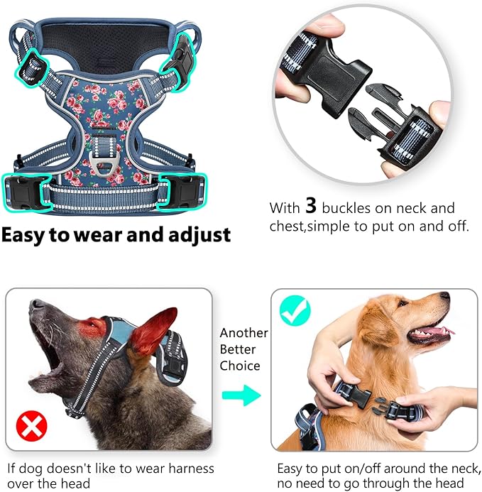Timos Dog Harness for Medium Dogs, No Pull Service Vest with Reflective Strips and Control Handle,No Choke Dog Harness with 2 Metal Rings for Easy Walking,Outdoor Training,Flower Blue, M
