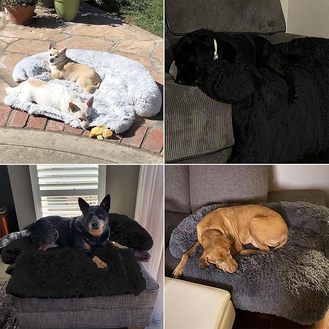 Calming Dog Bed Fluffy Plush Dog Mat for Furniture Protector with Removable Washable Cover for Large Medium Small Dogs and Cats (Small,Black)