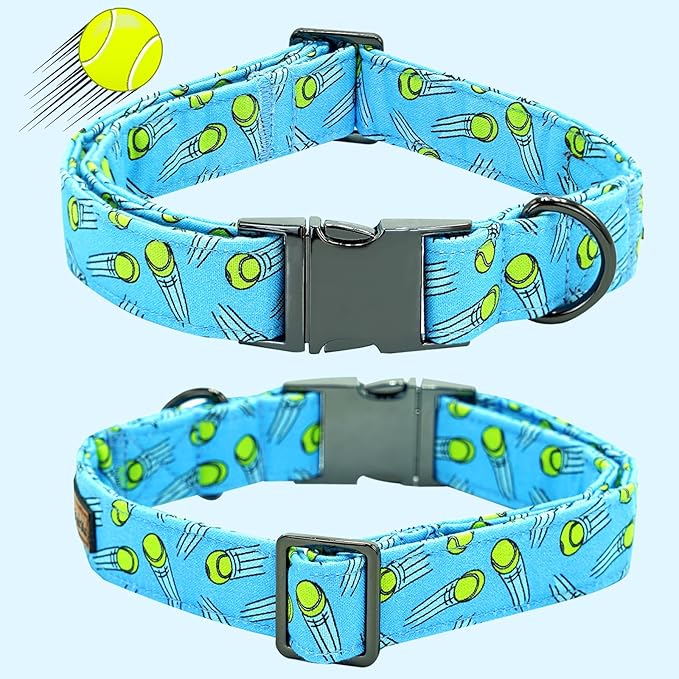 Dog Collar-Tennis Balls Print Adjustable Pet Collar Cute Cotton Soft Collars with Bow Tie Spring Summer Metal Buckle Puppy Collar Gift for X-Large Dogs