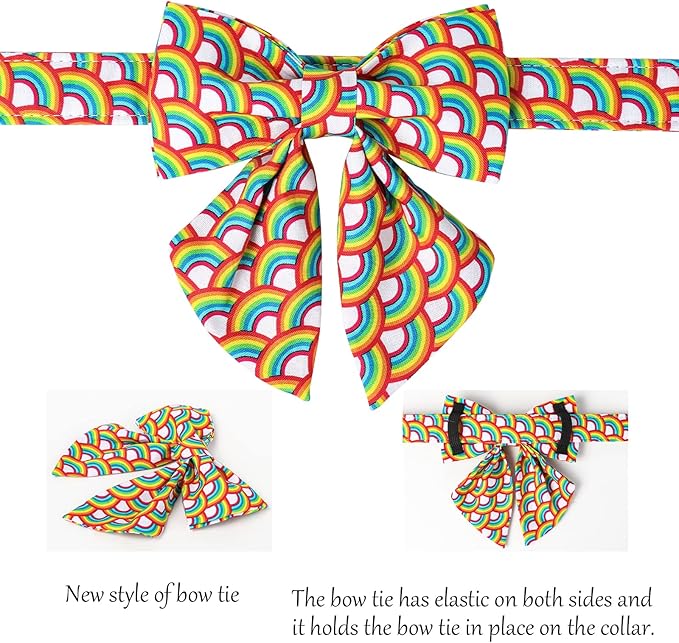 Lionet Paws Rainbow Dog Collar with Sailor Bow, Soft and Comfortable Adjustable LGBT Pride Collar for Large Dogs, Neck 16-24 inches