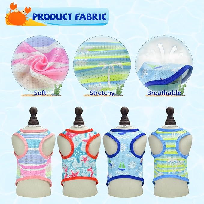 4-Pack Dog Cooling Shirt Dog Summer Tank Tops Puppy Cooling Quick Dry Sleeveless Shirts with Stripe Beach Seafish Sailboat Patterns Dog Cooling Vest for Small Meddium Dogs XS