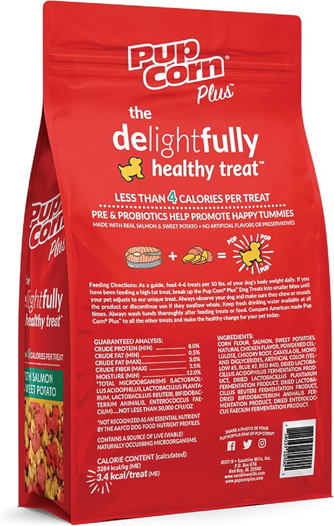 Pup Corn Plus - Puffed Dog Treats with Prebiotics and Probiotics - Salmon & Sweet Potato (24oz) - Made in USA (Pack of 2)