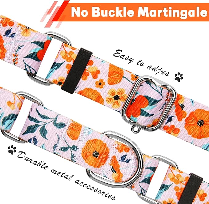 Hikiko Martingale Collar for Dogs with No Buckle Flower Dog Collars Comfortable Nylon Training Collar for Large Dogs,Retro Orange Flower,L