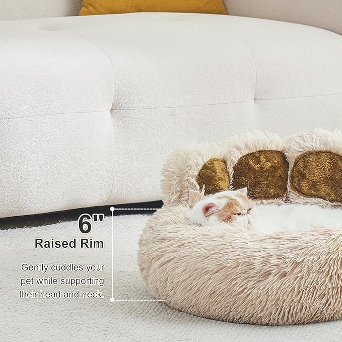 Jiupety Paw Shape Calming Pet Bed, Plush Faux Fur Donut Bed for Dogs & Cats, Machine Washable, Non-Slip Bottom, Medium (22"×22"×6"), Camel
