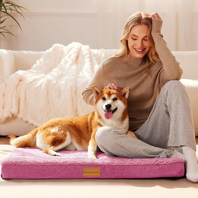 Patas Lague Orthopedic XL Dog Bed for Large Dogs 42''X28'', Soft Comfortable Waterproof Egg Crate Foam Big Large Pet Beds Mat with Removable Washable Cover, Pink