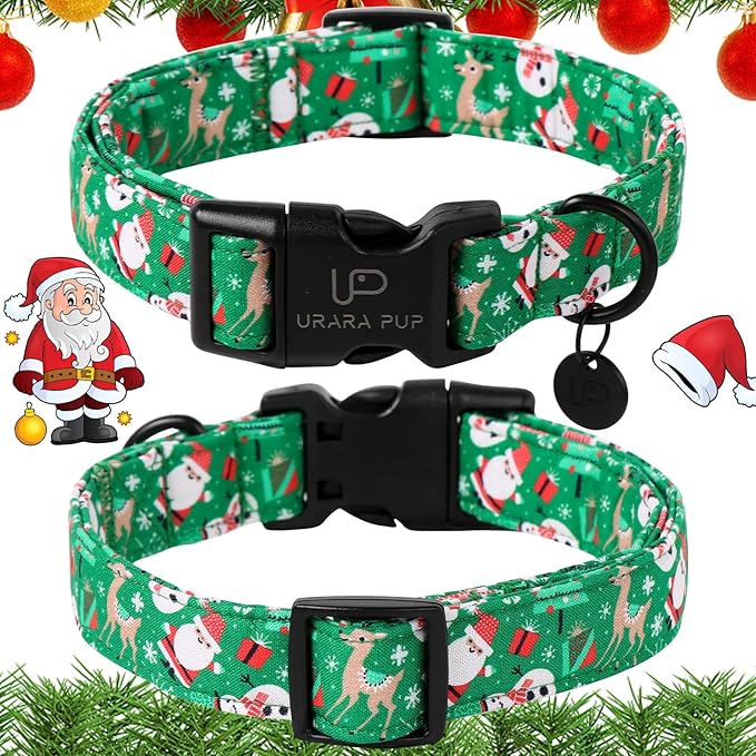 Christmas Santa Claus Dog Collar, Cute Christmas Elk Collar for Puppy Girl Boy Dog, Adjustable Christmas Green Dog Collar for Small Medium Large Dogs
