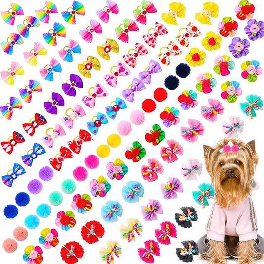 100pcs Dog Hair Bows, Bulk Pet Small Dog Bows Girl with Rubber Bands, Tiny Dog Hair Grooming Bows, Mix Dainty Puppy Dog Bows, Handmade Yorkie Dog Bows for Dog Hair Accessories