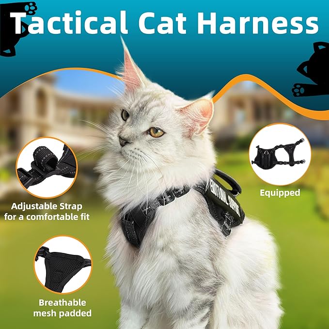 Tactical Cat Harness and Leash Black for Walking Esacpe Proof, Adjustable Soft Mesh Large Cat Vest with Handle Easy to Control,Molle Patches L