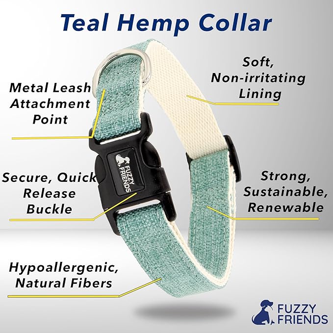 Teal Hemp Dog Collar and Leash Set - Hypoallergenic Dog Collar - Comfortable for Sensitive Skin or Allergies with no Harsh Dyes or Chemicals - 3 Sizes from Small to Large Breeds