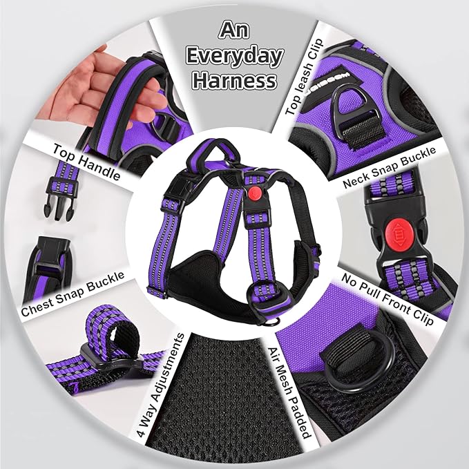 No Pull Dog Harness, Adjustable Soft Padded Dog Vest, Reflective No-Choke Pet Oxford Vest with Easy Control Handle for Small and Large Dogs (Purple, X-Large)