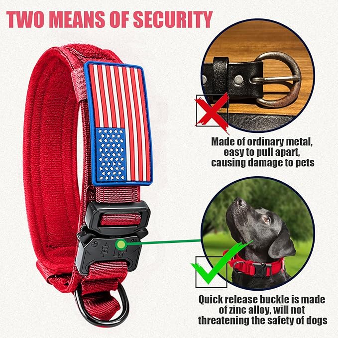 Tactical Dog Collar and Bungee Leash,Military & Leash Set with USA American Flag Adjustable K9 Heavy Duty Metal Buckle Handle,with Patches Airtags Case (XL, Red(1PCS))