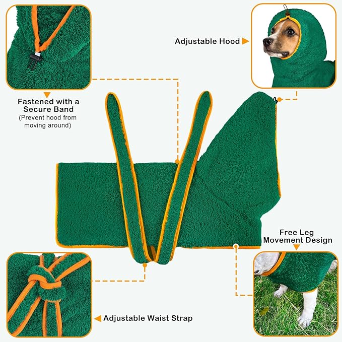 Bienbee Soft Dog Bathrobe,Super Absorbent & Quick-Drying Dog Robe with Hood, Cozy Drying Coat for After Bath, Green M