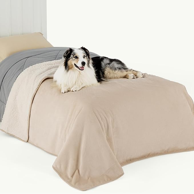Bedsure Waterproof Blanket for Bed - Sherpa Fleece Waterproof Dog Blankets for Large Dogs, Pet Blankets for Bed/Couch/Dog Crate, Soft Plush Reversible Furniture Protector, Twin Size, 80"x60", Cream