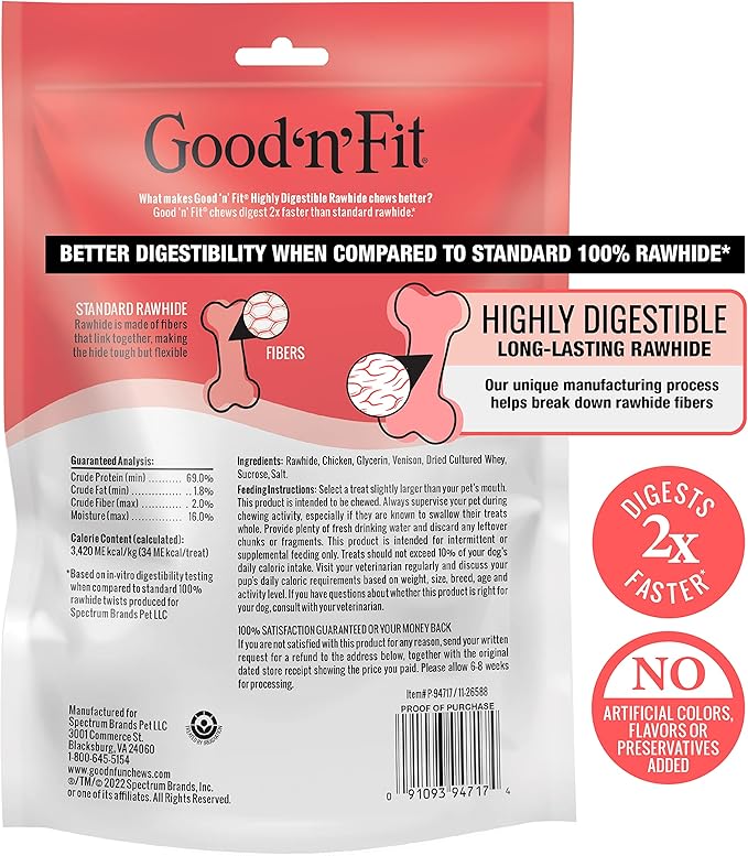 Good ‘n’ Fit Twist Sticks Made with Real Venison, 15 Count, Treat Your Dog to Long-Lasting and Highly Digestible Rawhide Chews