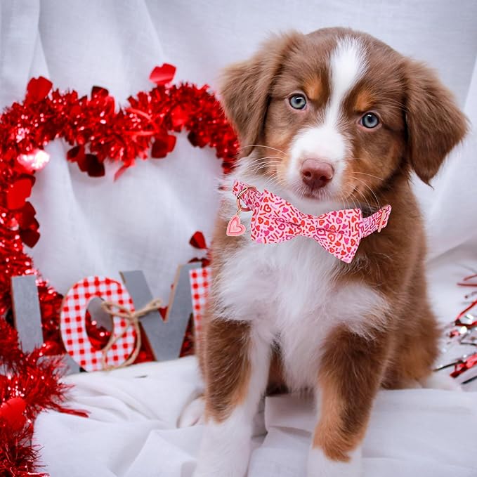 ADOGGYGO Valentine Dog Collar with Bow, Metal Buckle, Adjustable Pink Heart Bowtie Pet Valentine Collars for Small Dogs (Small)