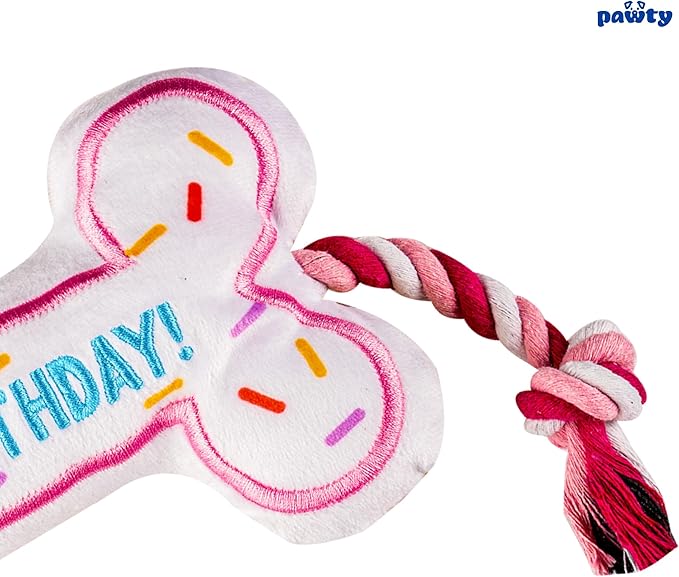 Birthday Bone Interactive Dog Toy - Interactive Tug Rope Pet Toy - Cute Unique Design Party Birthday Gift - Small Medium Puppy - Durable Chew Resistant Plush with Squeaker for Teething (Pink)