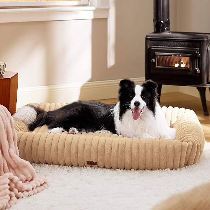 Bedsure Washable Dog Bed for Medium Dogs - Cute Furry Puppy Beds, Rectangle Orthopedic Corduroy Fleece Pet Beds with Removable Zipper Cover, 43x30x8inches, Sandy Tan