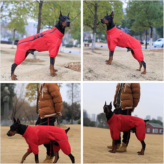 Warm Dog Coat Double Layers Dog Vest, 4 Legs Covered Windproof Waterproof Reflective Warm Dog Vest Outdoor Skating Dog Costume for Small Medium Large Dogs Red 5XL