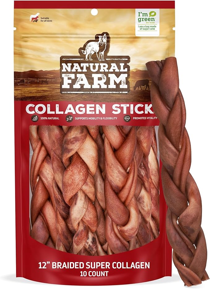 Natural Farm Odor-Free Super Braided Collagen Dog Chews (12-Inch, 10-Pack) First Ever Real Bull Sticks Alternative: 100% Natural Angus Hide Collagen Treats - More Protein More Chew Time for All Dogs