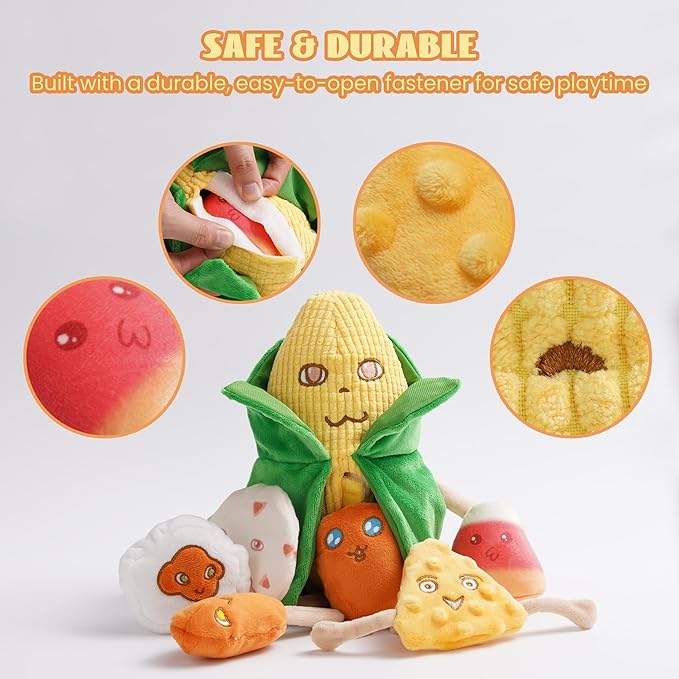 Nocciola Squeaky Crinkle Corn Dog Toys: Plush Stuffed Yellow Pet Chew Toys for Small Medium Breeds Teething, Cute Interactive Cognitive Burrow Digging Hide and Seek Puzzle Puppy Supplies, 7 Packs