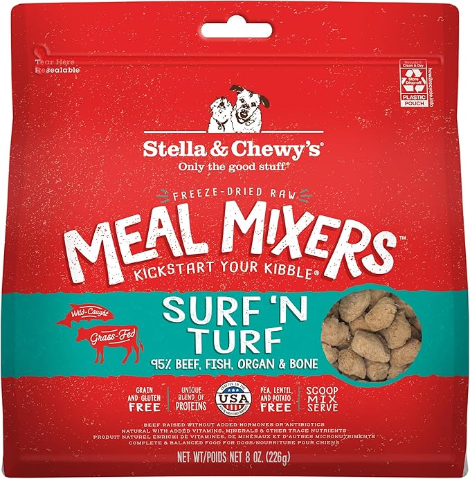 Stella & Chewy's Freeze-Dried Raw Surf & Turf Meal Mixers - Dog Food Topper and Mixer - Made with 95% Grass-Fed Beef & Wild-Caught Salmon - Perfect for Picky Eaters - Grain-Free - 8 oz