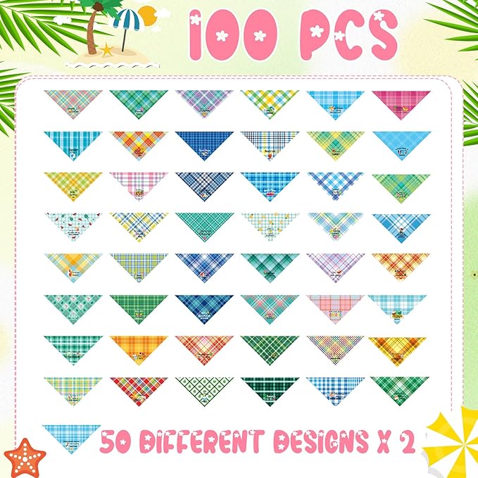 Sweetude 100 Pcs Summer Plaid Dog Bandana Bulk with Sayings Hawaii Bandana Pet Scarf Triangle Bibs Washable Puppy Kerchief Adjustable Grooming Supplies for Small Medium Large Dog Cat Accessories