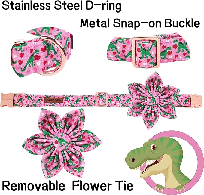 Unique style paws Dog Collar with Flower Tie Pink Dinosaur & Heart Puppy Collar Suitable for Small Medium Large Dogs with Adjustable Safety Metal Buckle for Valentine's Day-XS