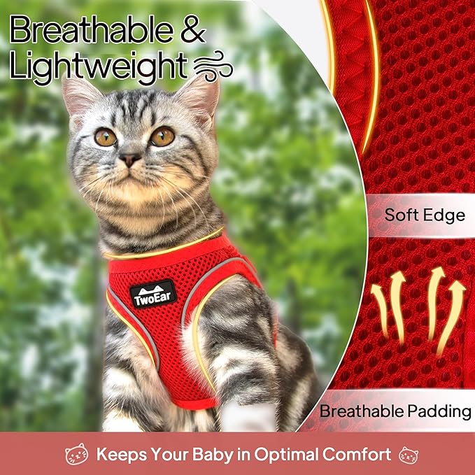 TwoEar Cat Harness Escape Proof, Soft Dog Vest Harness Adjustable, Breathable Mesh Step-in Puppy Walking Jacket Reflective Easy Control for Extral Small Pets for Outdoor Walking(XXS, Red)